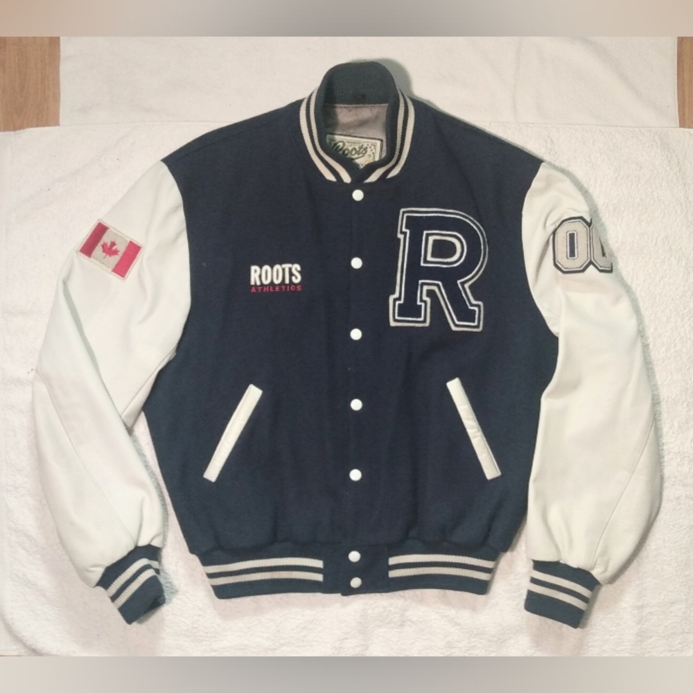 Vintage ROOTS Canada Wool Body Leather Arms Letterman Varsity 2000 Jacket Coat